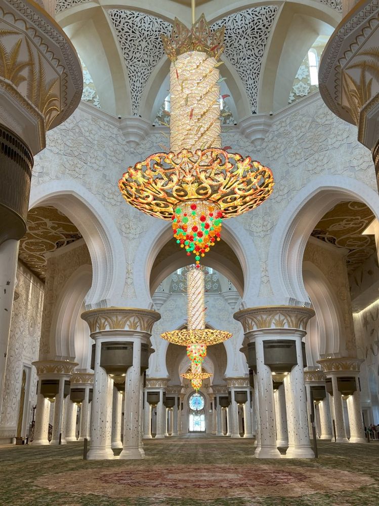So many beautiful chandeliers were hanging in the Grand Mosque in Dubai.