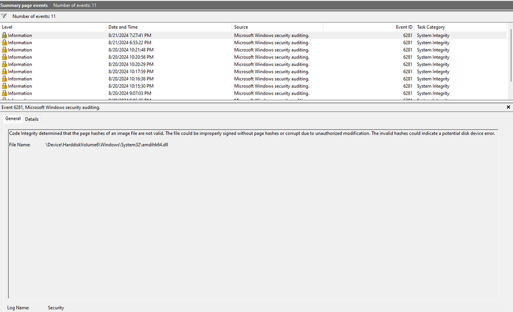 event id 6281, amdihk64.dll in windows event viewer.