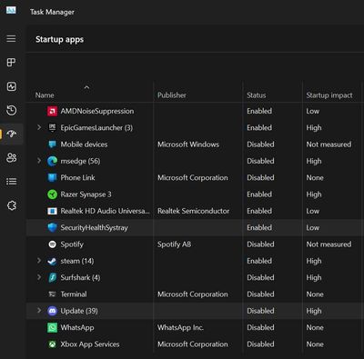 A sample of startup apps that have been disabled so they don't waste system resources.