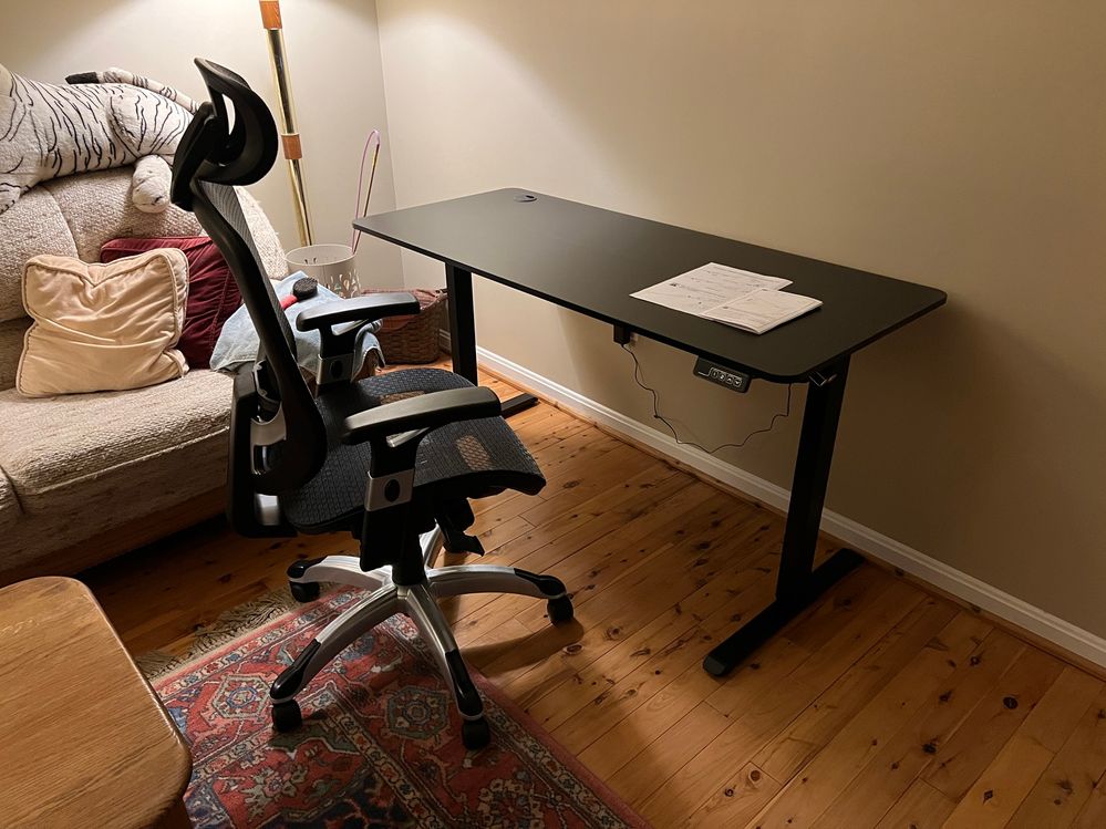 The desk is complete; it will go further into the corner when the sofa is gone; the plant rack will go on the right side.