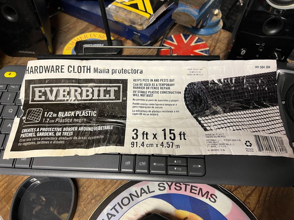 The label from the black plastic hardware mesh.  This wasn't cheap either at $45.