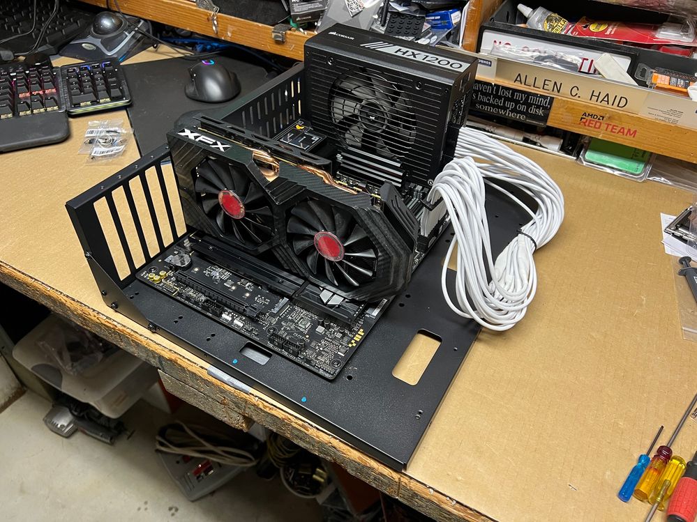 Test fitting an old Radeon RX 590 Fatboy GPU to the open frame.  I won't be using this GPU in the final build though.