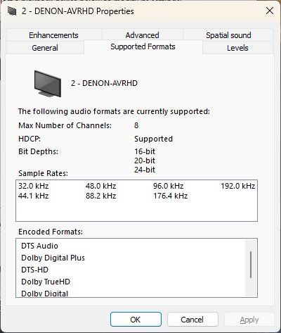 AVR supports the necessary encoded formats without needing any codecs installed in Windows.