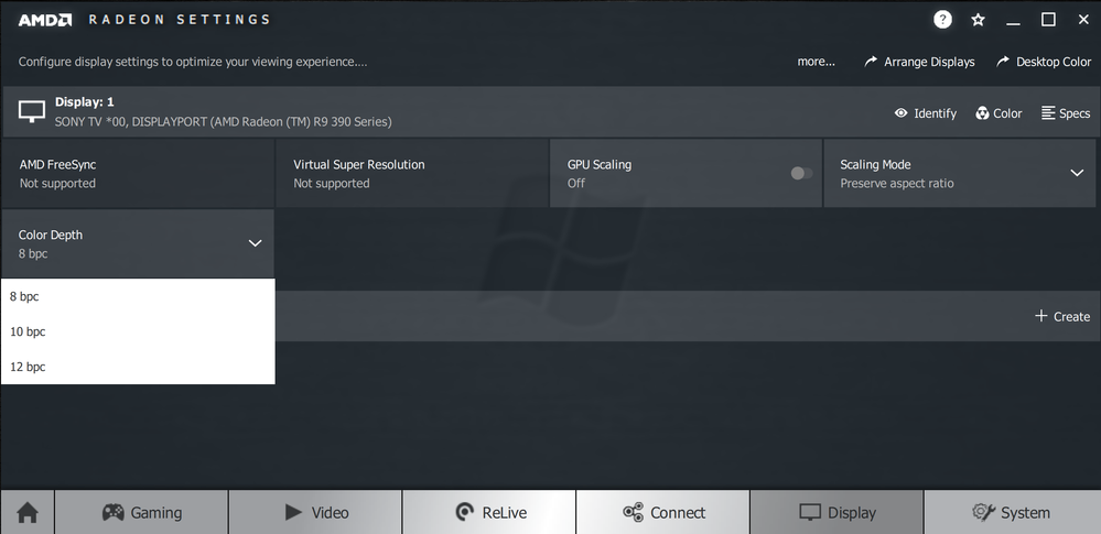 Screenshot Radeon Panel TV connected DP adapter to 6 ft HDMI 4 cable_showing 8, 10 and 12 bit option.png