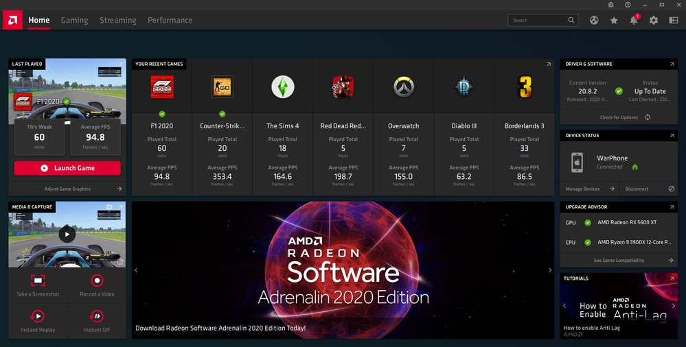 Radeon Software Adrenalin 2020 Edition Home Screen