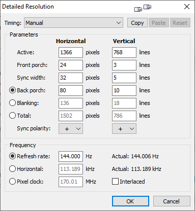 correct settings for 768p144hz on AOC G2460PF