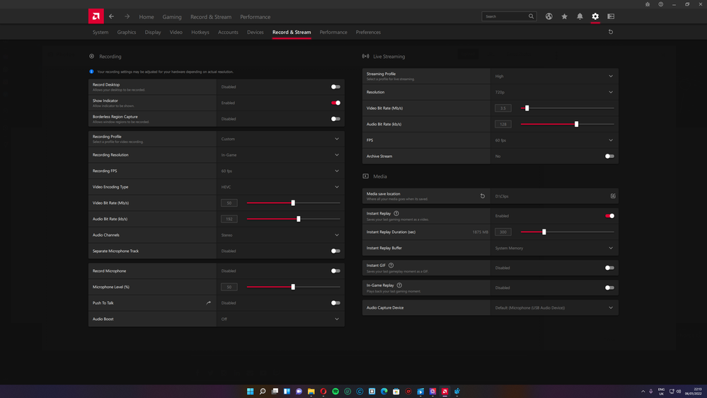 My recording settings