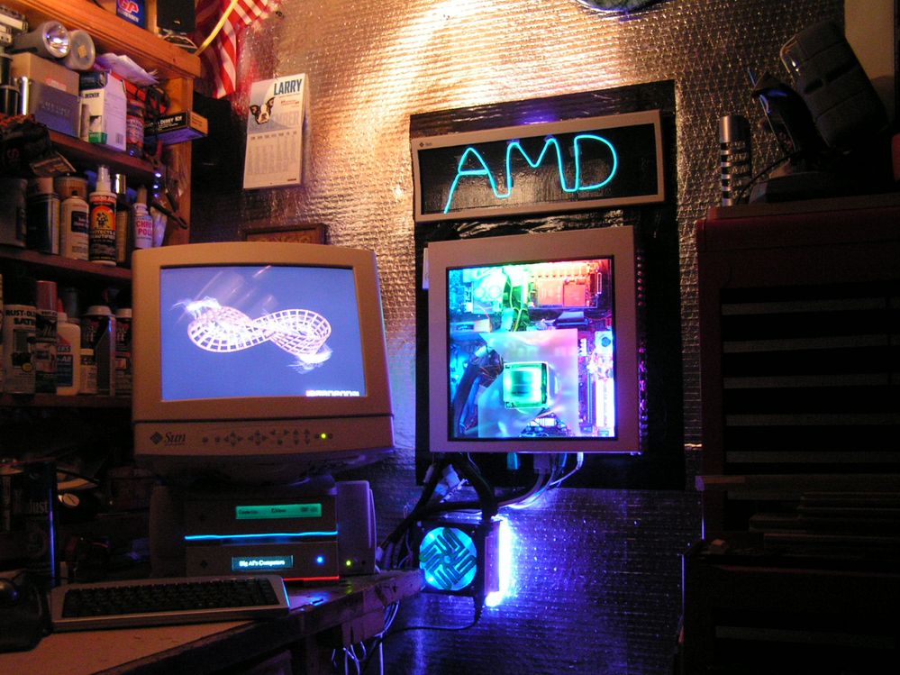 This old photo shows a CRT that I was using back then.  I currently have two LCD's mounted vertically where that CRT is snown.