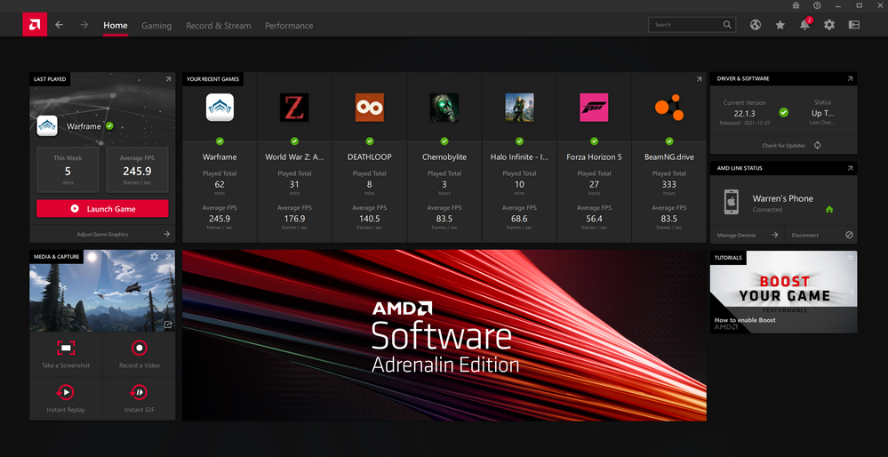 AMD Software: Adrenalin Edition Home Screen