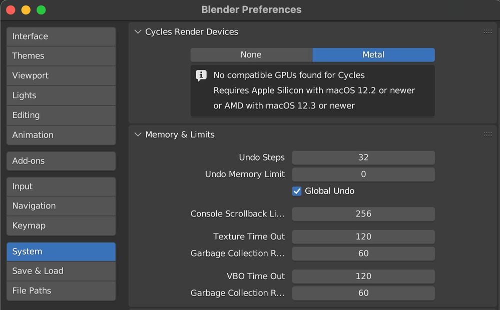 Blender Preferences showing no AMD GPU available for use