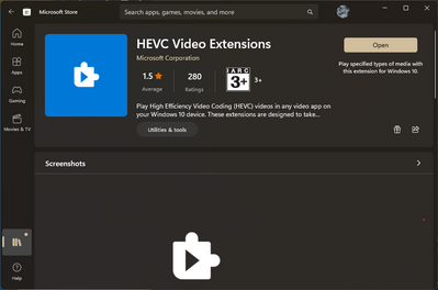 Showing the installed HEVC Video Extensions in the store