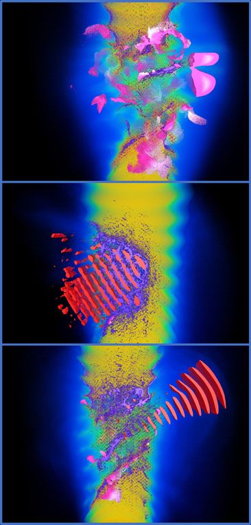 Figure 1:PIConGPU simulation of a cryogenic hydrogen jet interaction with a high-intensity laser beam. (Courtesy of Richard Pausch and Rene Widera from HZDR)