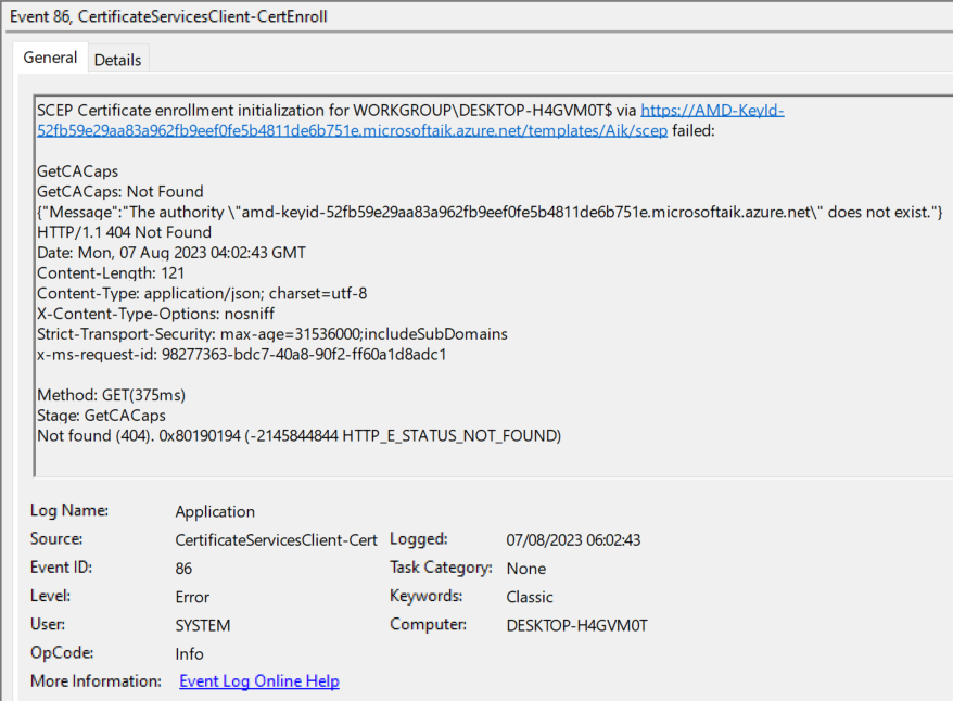 SCEP Certificate enrollment failed Error message in Event Viewer