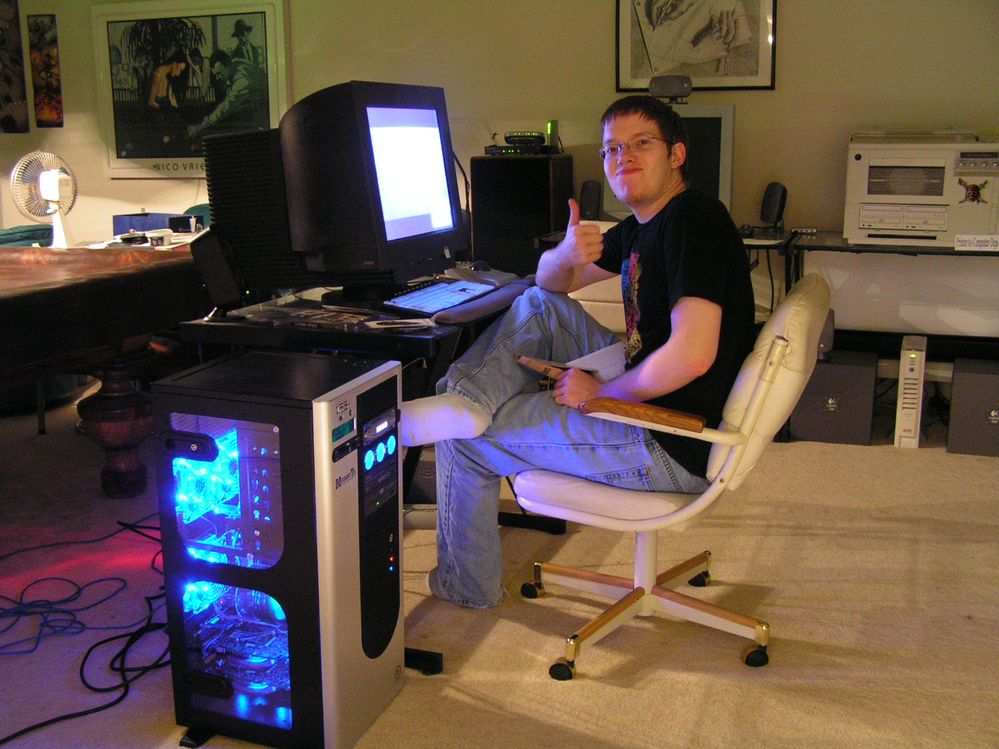 Back in 2006, I built the 'Thermaltake Powerhouse' with the AMD Athon FX62 (2.8Gz dual-core), dual eVGA 7900 GT's in SLI on an Asus Crosshair motherboard.  It's currently located under my work bench and it boots into Windows 10.  The current video card inside is now an RX 560 I believe.  I also added an SSD for the OS about 2 years ago.