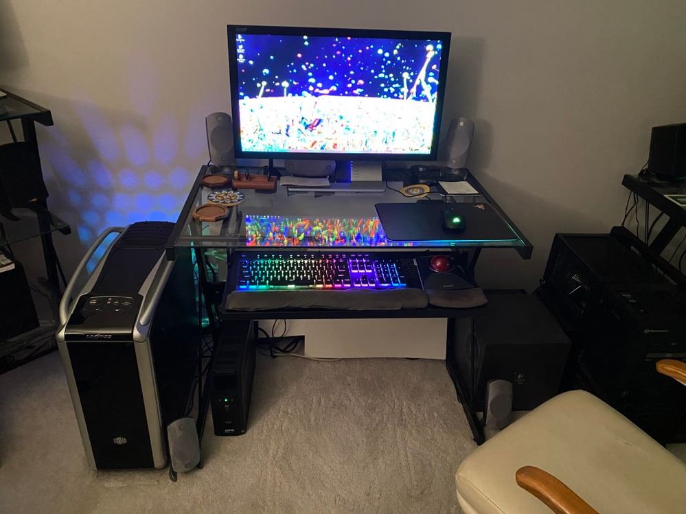 The current configuration.  Note the RGB glow out the back of the computer case.