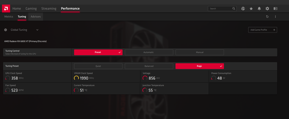 "Rage" preset selected in Radeon Software