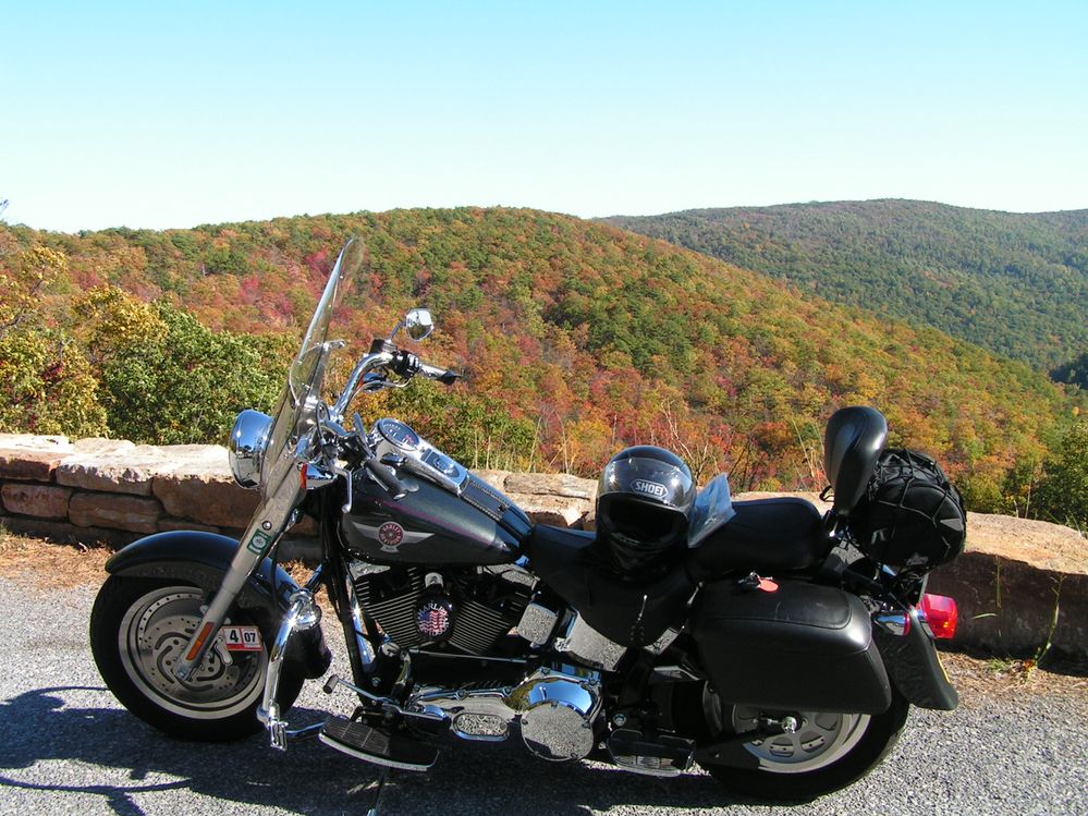 My first 2005 Harley Fatboy.  This is up on Skyline Drive in Virginia.